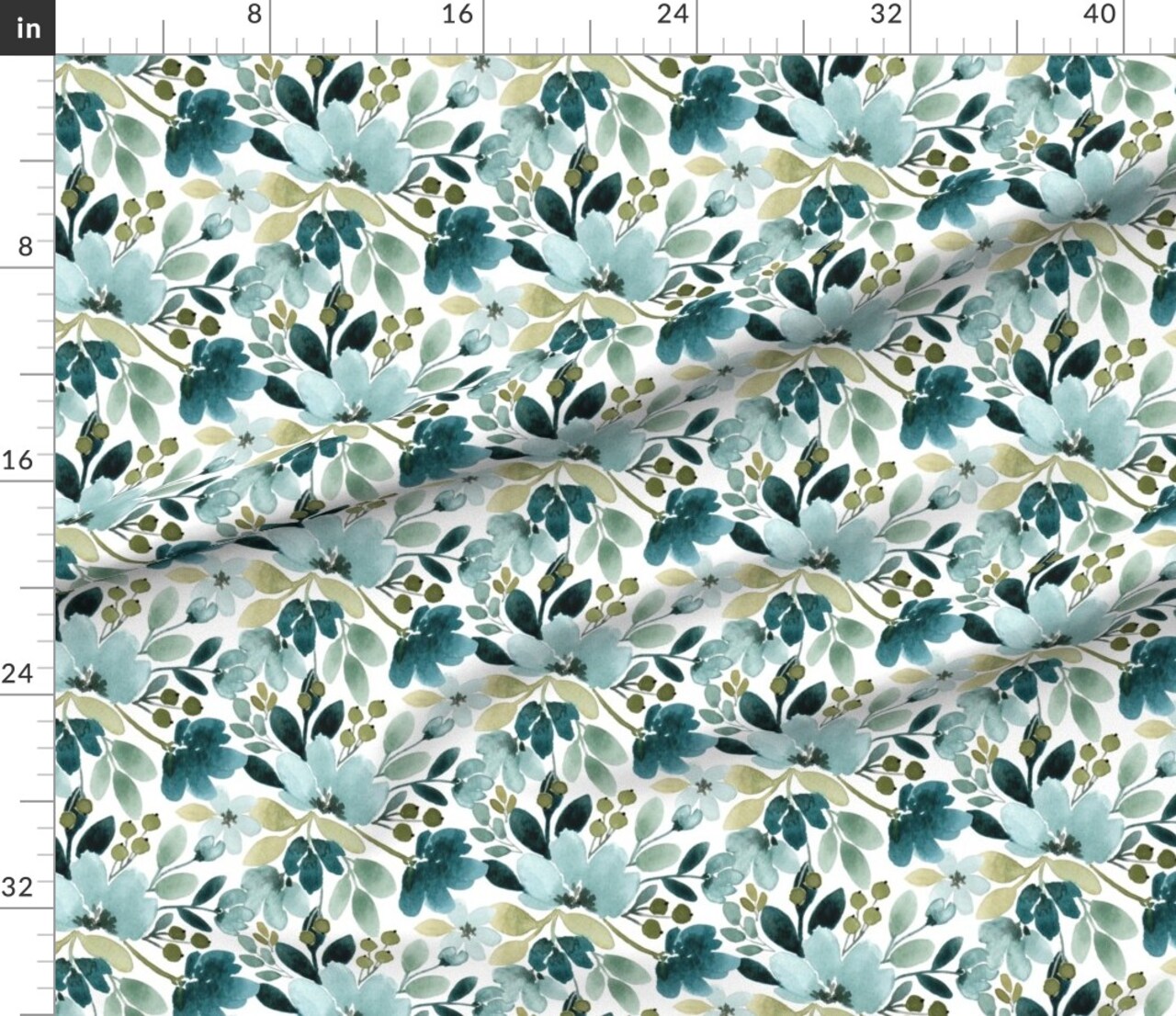 Watercolor Floral Aqua Botanical Garden Bloom Meadow Teal Wildflower Sage Green Romantic Custom Printed Fabric by Spoonflower Various Fabrics by the Yard or Fat Quarter